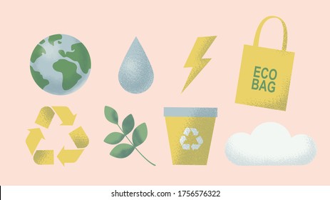 Environmental care and protection, sustainability set of icons. Eco stock illustrations.  Earth, recycle icon, energy, cloud, leaf, water drop, eco bag, trash can icons.