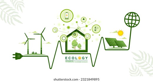 Environmental care and use clean energy from renewable sources concept, Infographic of smart modern eco house or home with windmills farm, Wind power, Solar energy panel, Sustainable of green ecology.