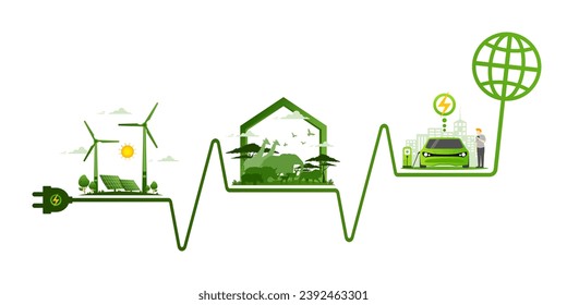 Environmental care and use clean energy from renewable sources, Zero emission concept, Windmills farm, Electric car, Solar cell energy, Sustainable of green ecology and Wildlife animals conservation.