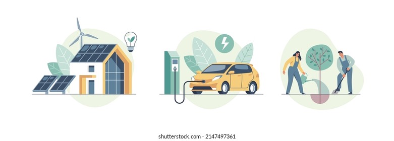 Atención ambiental y uso de energía verde limpia a partir del concepto de fuentes renovables. Moderna casa ecológica con molinos de viento y paneles de energía solar, auto eléctrico cerca de la estación de carga. Ilustración vectorial.