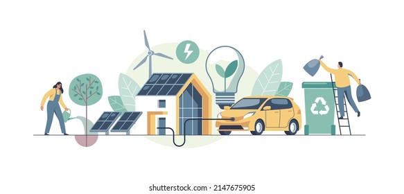 Environmental care and use clean green energy from renewable sources concept. Modern eco house with windmills and solar energy panels, electric car near charging station. Recycling.