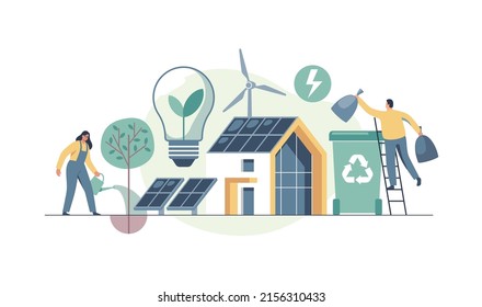 Environmental care and use clean green energy from renewable sources concept. Modern eco house with windmills and solar energy panels, recycling.