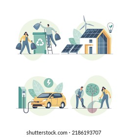 Environmental care and use clean green energy from renewable sources concept. Modern eco house with windmills and solar energy panels, electric car near charging station. Vector illustration.