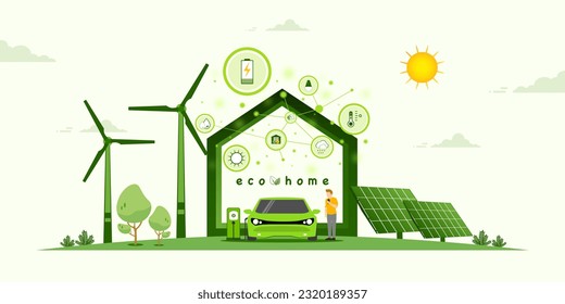 Environmental care and use clean green energy from renewable sources concept, Infographic of Modern eco house or home with windmills wind power and solar energy panels, Electric car charging station.