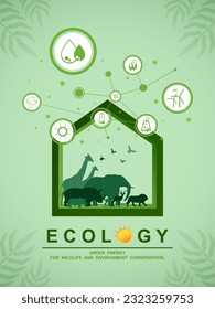 Environmental care and use clean green energy from renewable energy sources, Infographic of smart modern eco home powered by alternative energy, Sustainable of ecology and Wildlife conservation.