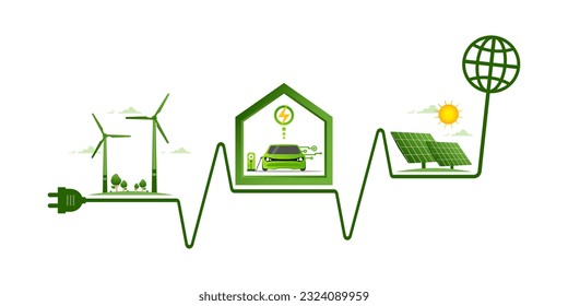 Environmental care and use clean green energy from renewable sources and low carbon concept, Modern eco house with Electric car charging system, Windmills farm or Wind power and Solar energy panels.