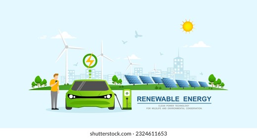 Environmental care and use clean green energy from renewable sources and low carbon concept, Modern eco city with Electric car charging system, Windmills farm or Wind power and Solar energy panels.