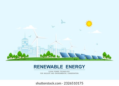 Environmental care and use clean green energy from renewable sources and low carbon concept, Wind power generators or Turbine farm and Solar cells panels, Power generation industry on city background.