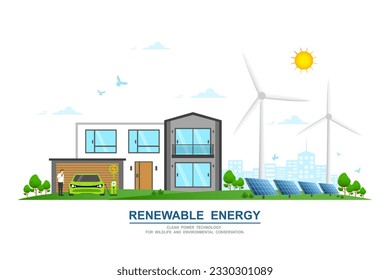 Environmental care and use clean green energy from renewable sources and low carbon concept, Modern smart eco house with Electric car charging system, Windmill farm, Wind power and Solar energy panel.