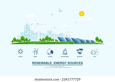 Environmental care and use clean green energy from renewable sources and low carbon concept, Wind power generators or Turbine farm and Solar cells panels, Power generation industry on city background.