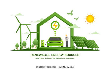 Environmental care and use clean green energy from renewable sources and low carbon concept, Modern eco house with Electric car charging system, Windmills farm or Wind power and Solar energy industry.