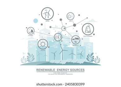 Umweltpflege und Nutzung sauberer grüner Energie aus erneuerbaren Quellen und kohlenstoffarmes Konzept, Windkraftanlagen oder Turbinen- und Solarzellenpaneele, Stromerzeugungsindustrie auf städtischem Hintergrund.