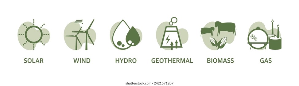 Environmental care and use clean green energy from renewable sources, Carbon footprint concept, Solar cells, Wind power, Hydroelectric, Geothermal, Biomass, Natural gas, Power generation industrial.