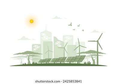 Environmental care and use clean green energy from renewable sources, Net zero emissions, Wind power generators or windmill farm, Solar cells panels, Power generation industrial on city background.