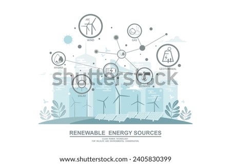 Environmental care and use clean green energy from renewable sources and low carbon concept, Wind power generators or Turbine farm and Solar cells panels, Power generation industry on city background.