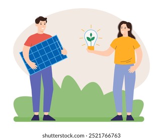 Environmental care and use green energy concept. People care about the planet's ecology, protect nature and ecology. World Earth Day with technologies to preserve the environment. Vector 