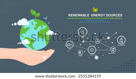 Environmental care and using clean green energy, Net zero emission, Carbon footprint concept, Nature conservation and Renewable energy sources infographic, Alternative power generation industrial.