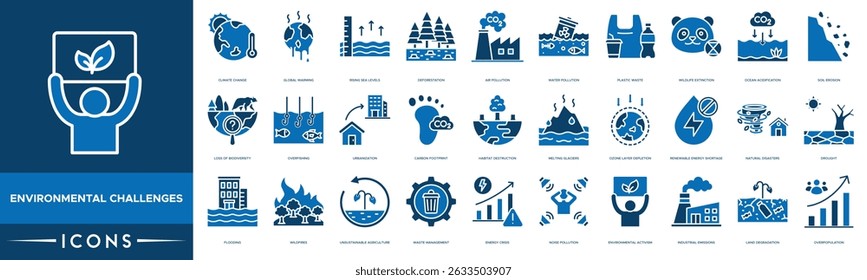 Environmental Challenges icon set. Climate Change, Global Warming, Rising Sea Levels, Deforestation, Air Pollution, Water Pollution, Plastic Waste and Wildlife Extinction