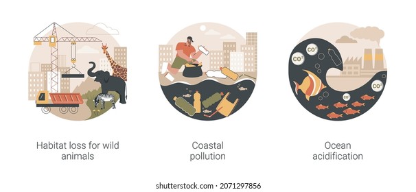 Environmental change abstract concept vector illustration set. Habitat loss for wild animals, coastal pollution, ocean acidification, wildlife loss, beach area clean up, toxic waste abstract metaphor.