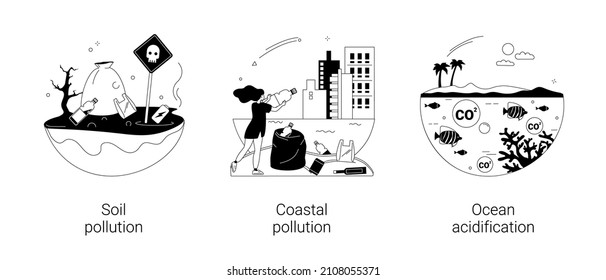 Environmental change abstract concept vector illustration set. Soil and coastal plastic pollution, ocean acidification, agricultural chemicals, water contamination, microplastic abstract metaphor.