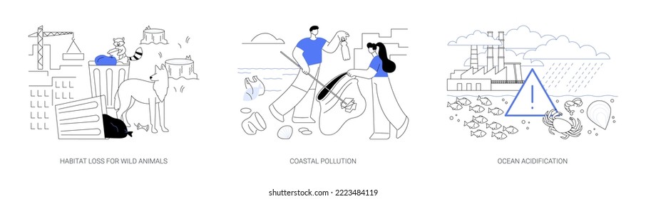 Environmental change abstract concept vector illustration set. Habitat loss for wild animals, coastal pollution, ocean acidification, wildlife loss, beach area clean up, toxic waste abstract metaphor.