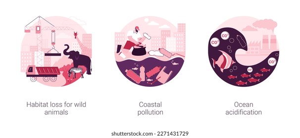Environmental change abstract concept vector illustration set. Habitat loss for wild animals, coastal pollution, ocean acidification, wildlife loss, beach area clean up, toxic waste abstract metaphor.