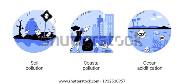 Environmental change abstract concept vector\
illustration set. Soil and coastal plastic pollution, ocean\
acidification, agricultural chemicals, water contamination,\
microplastic abstract\
metaphor.