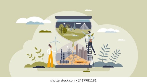 El cambio ambiental como vidrio húmedo con el concepto de persona pequeña en la escena de la urbanización. Ilustración vectorial del problema de la reducción de los ecosistemas naturales y la deforestación. El calentamiento global y la sensibilización sobre los problemas de calor.