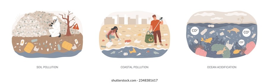 Environmental change isolated concept vector illustration set. Soil and coastal plastic pollution, ocean acidification, agricultural chemicals, water contamination, microplastic vector concept.