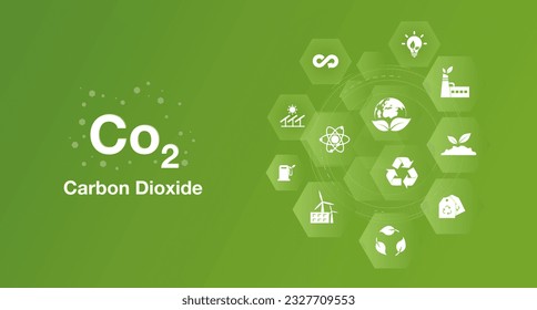 Environmental CO2 Concept Global Warming Sustainable Development and green business from renewable energy vector background image with flat icon vector illustration.