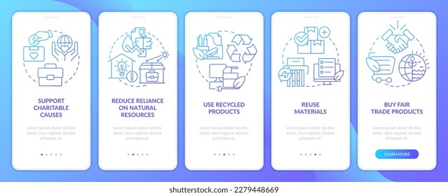 Environmental company features blue gradient onboarding mobile app screen. Walkthrough 5 steps graphic instructions with linear concepts. UI, UX, GUI template. Myriad Pro-Bold, Regular fonts used