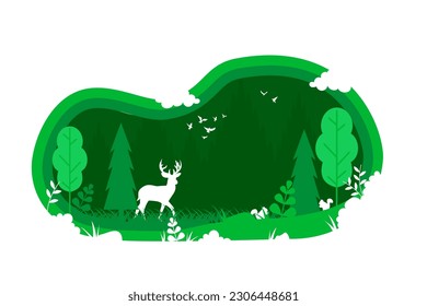 Environmental concept background. Paper origami eco background with forest and deer