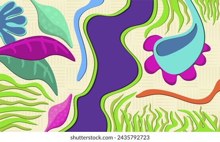 Environmental concept decoration, abstract illustration with elements of flowers, leaves, grass and river. Flat vector design.