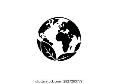 Environmental concept featuring black globe icon integrated with organic leaf shapes. Represents sustainable earth, ecological awareness, and global nature conservation efforts.