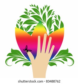 Environmental concept with floral,butterfly and hand