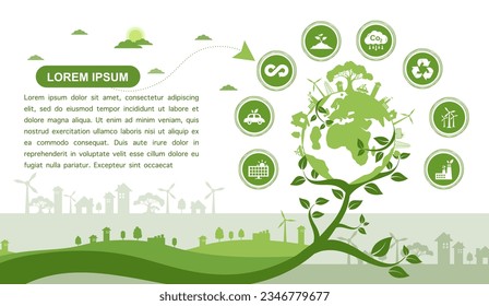 environmental concept Green city on earth and sustainable development concept. clean green web banner vector illustration with eco friendly icons set