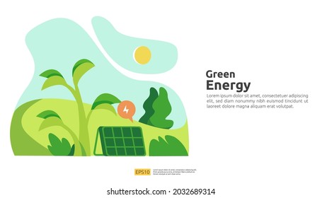 Environmental concept for green clean energy sources with renewable electric sun solar panel and wind turbines. suitable for web landing page template, banner, presentation, social, and print media