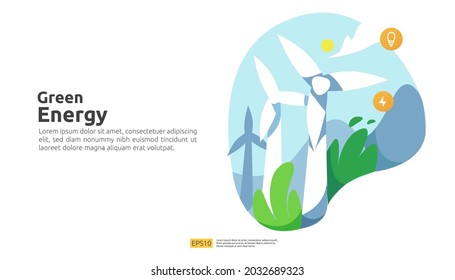 Environmental concept for green clean energy sources with renewable electric sun solar panel and wind turbines. suitable for web landing page template, banner, presentation, social, and print media