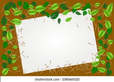 Environmental concept. Green leaves border frame with white (transparent) paper for text or image. Vector illustration, EPS 10. Use for graphic design, invitation / greeting card, presentation slide.