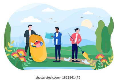 Concepto ambiental con un grupo de jóvenes diversos limpiando basura en un prado en el telón de fondo de un paisaje urbano. Ilustración vectorial plana