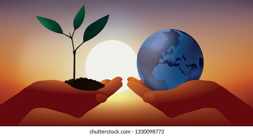 Concepto medioambiental con una mano presentando un tiro de planta joven que representa la vida y otro que lleva simbólicamente la tierra para recordar el peligro del calentamiento global