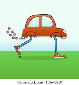 environmental concept, a red car with legs walking on green field with flowers going out the exhaust 