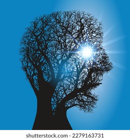Environmental concept with a tree seen against the light that forms the profile of a human head.