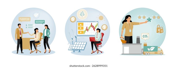 Environmental concepts, renewable energy, and sustainable development.   Team collaboration for social responsibility and sustainable goals. Business woman analyzing solar and wind energy data.