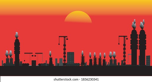 environmental concepts.Sources of air pollution The concept of global warming.industrial factory on orange sunset.