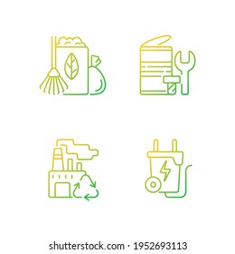 Environmental Concern Gradient Linear Vector Icons Set. Yard Waste Collection. Scrap Iron And Aluminum Components. Thin Line Contour Symbols Bundle. Isolated Vector Outline Illustrations Collection