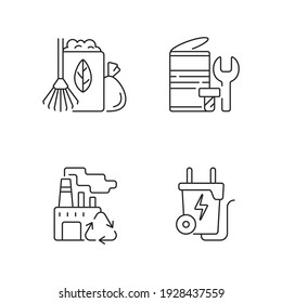 Environmental Concern Linear Icons Set. Yard Waste Collection. Scrap Iron And Aluminum Components. Customizable Thin Line Contour Symbols. Isolated Vector Outline Illustrations. Editable Stroke