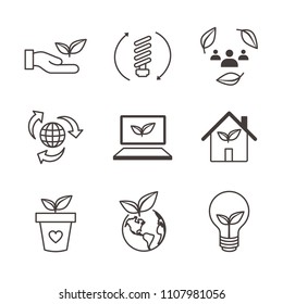 Environmental concerns icon set with lightbulb, hand holding leaf, recycling, etc.