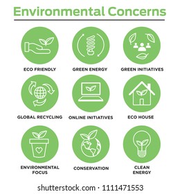 Environmental concerns icon set with lightbulb, hand holding leaf, recycling, etc.