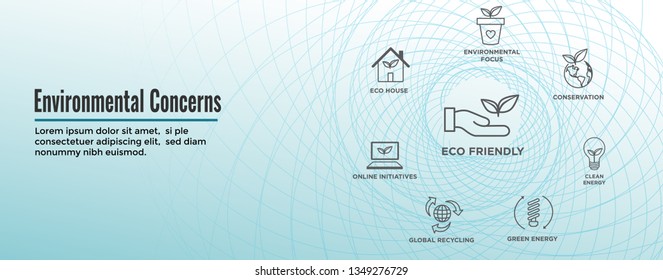 Environmental concerns icons web header banner - green energy, eco house, and earth initiatives